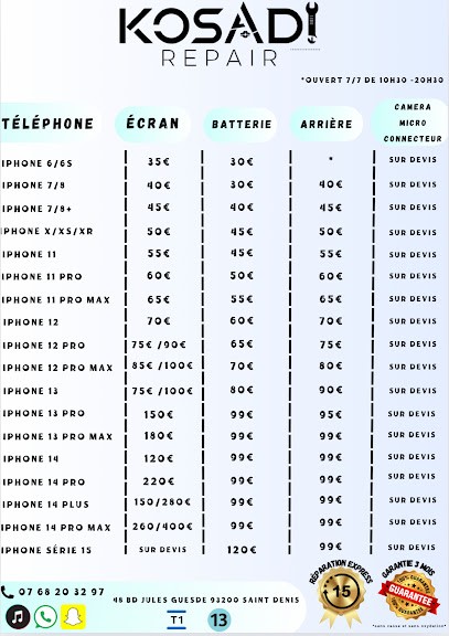 KOSADI : Réparation- Déblocage iPhone / Samsung / Huawei / Xiaomi / Redmi / Ordinateur, Atelier de Réparation de Téléphone à Saint-Denis